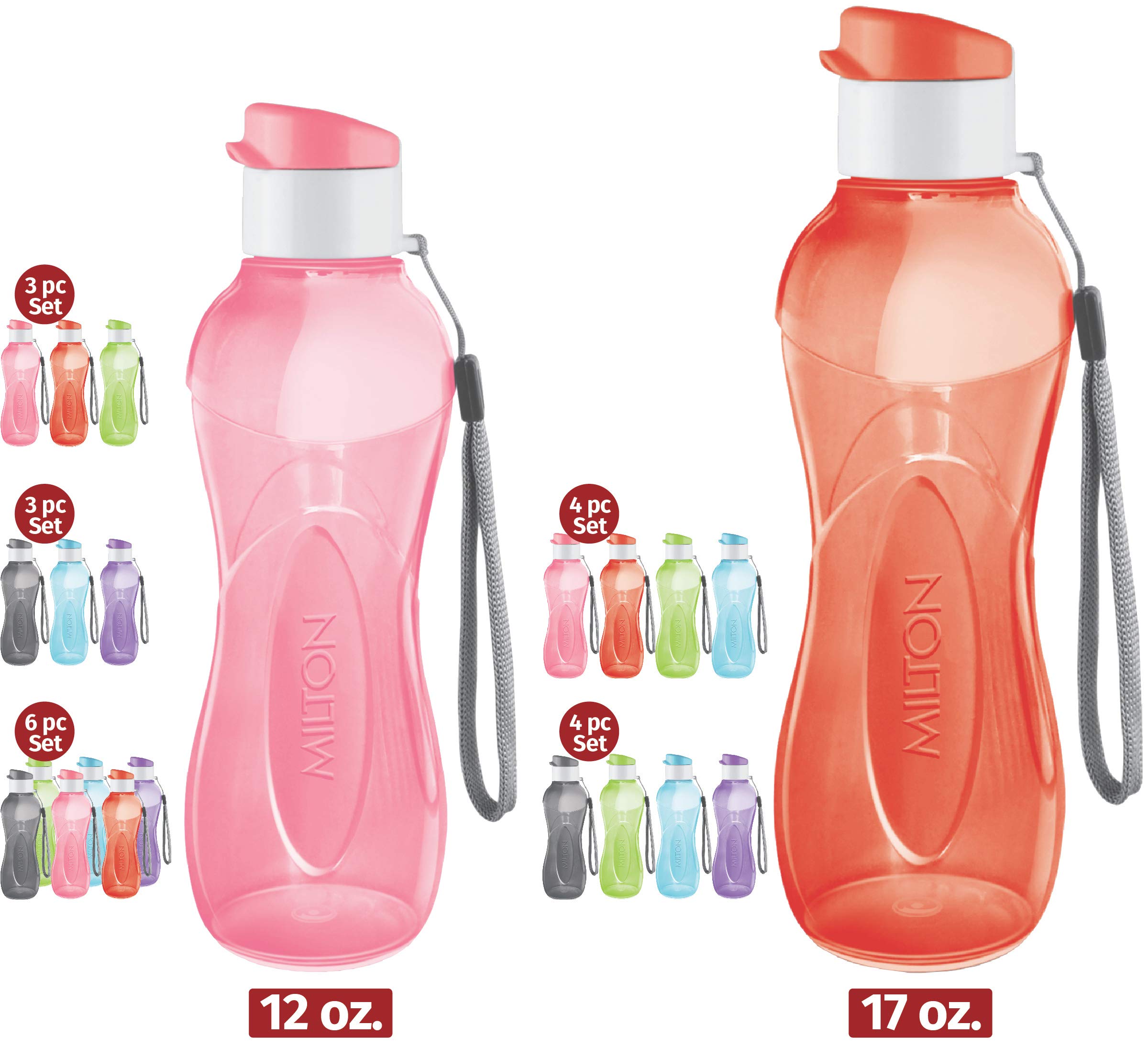 MILTON Water Bottle Kids Reusable Leakproof 12 Oz Plastic Wide Mouth Large Big Drink Bottle BPA & Leak Free with Handle Strap Carrier for Cycling Camping Hiking Gym Yoga - Pastel Colors 3 Pack